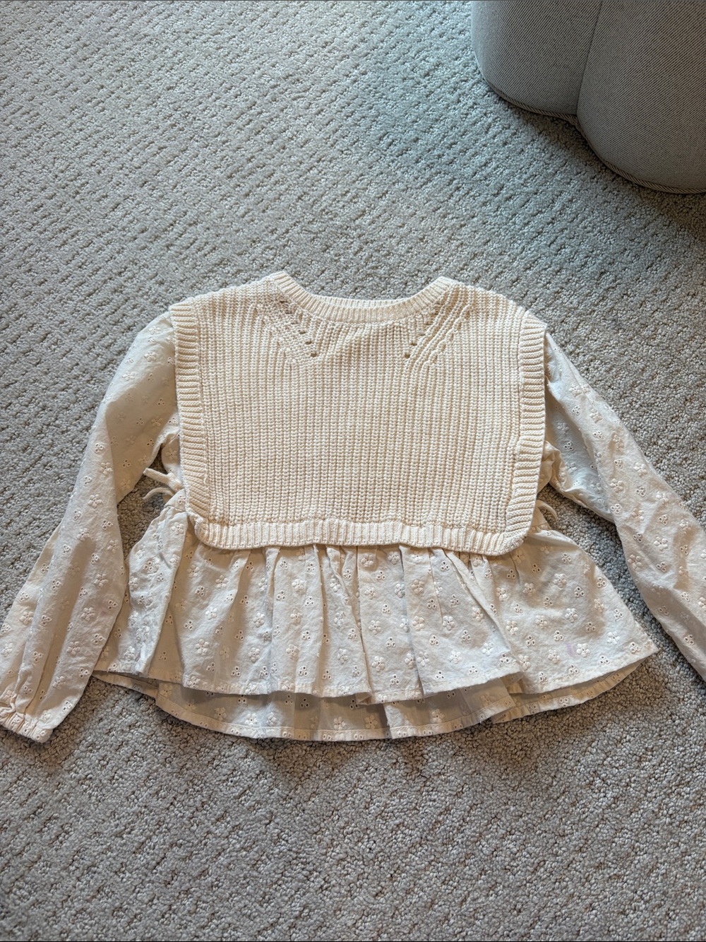 Zara Cream Layered Knit & Eyelet Blouse